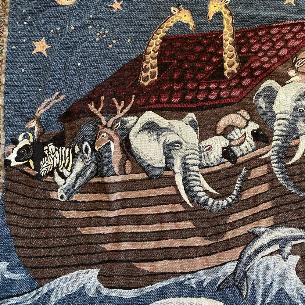 Vtg Woven Throw Blanket Noahs Ark Animals Fringed 65”x50”